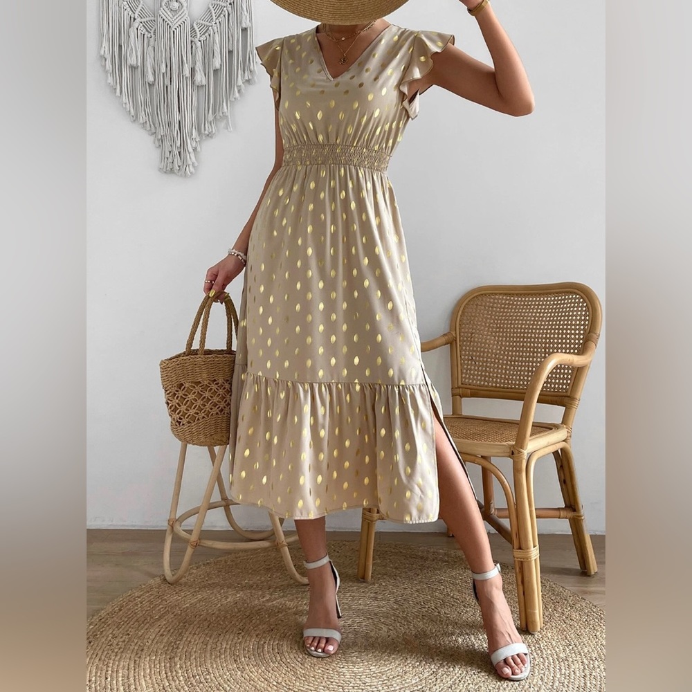 Gold Dot Print Butterfly Sleeve Split Thigh Dress